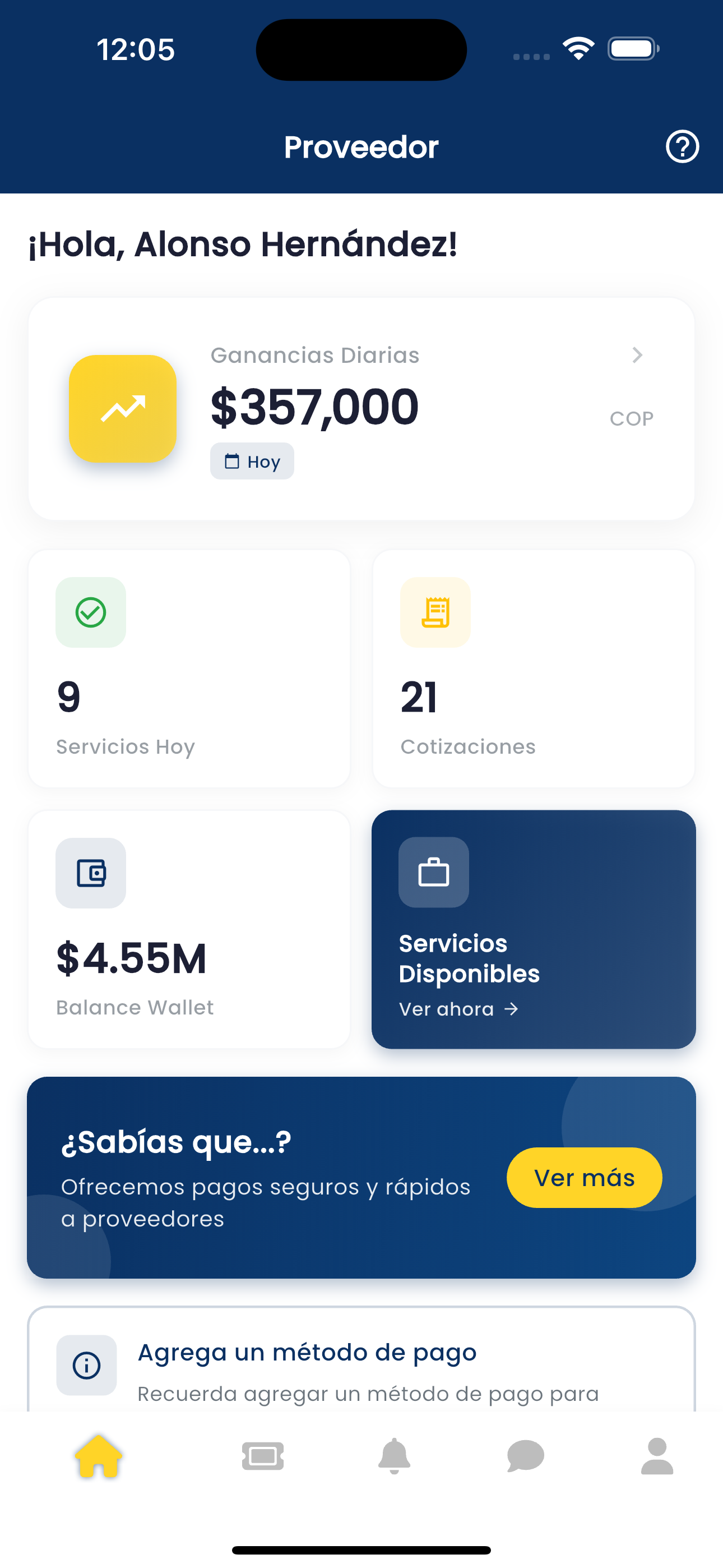 Dashboard del proveedor